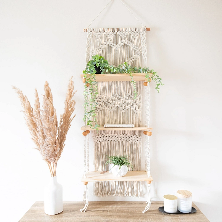 Handmade Boho Wooden Wall Hanging 3 Tier Organizer Shelf Floating Storage Holder Woven Rope Home Decor Rack