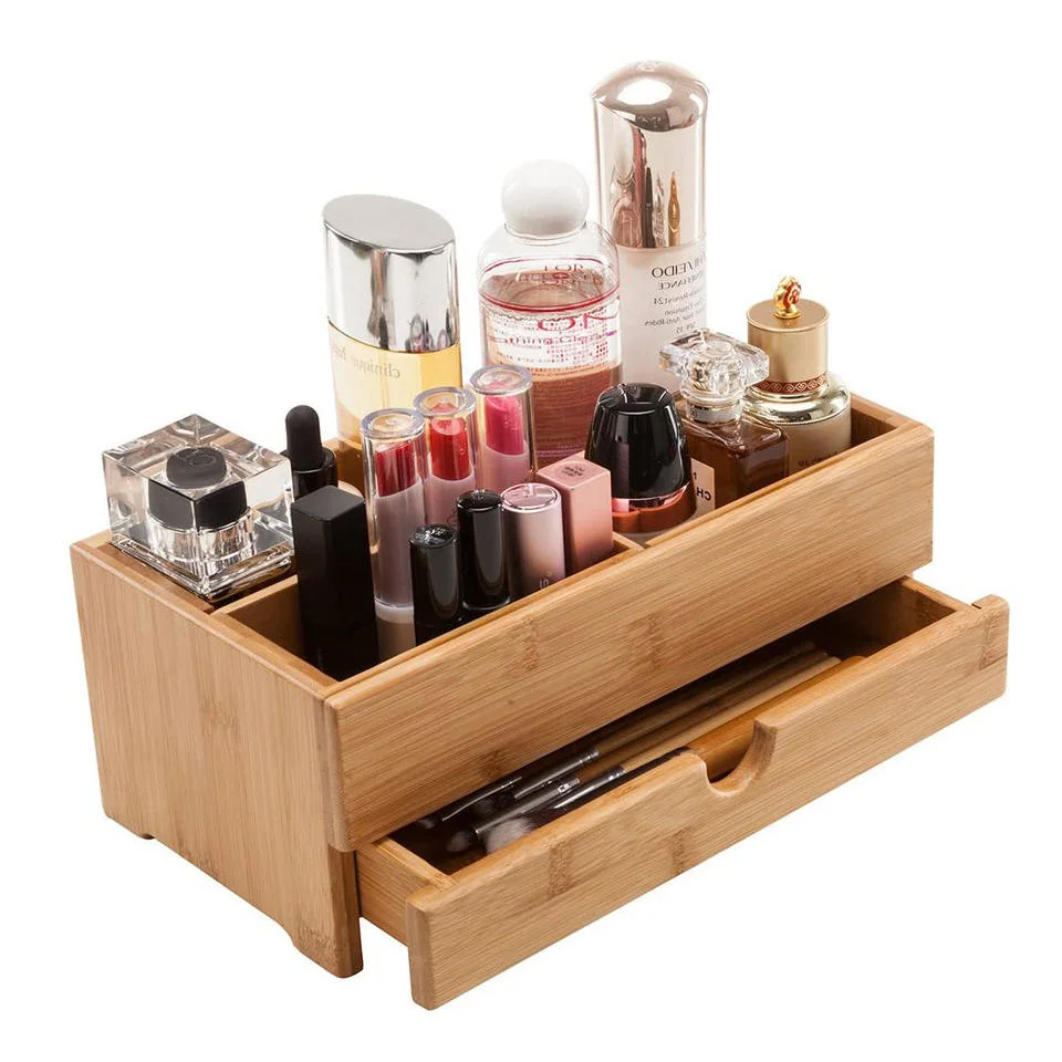 Bamboo Desktop Organizer Wooden Cosmetics Storage Box Mini Desk Makeup Organizer with Drawers