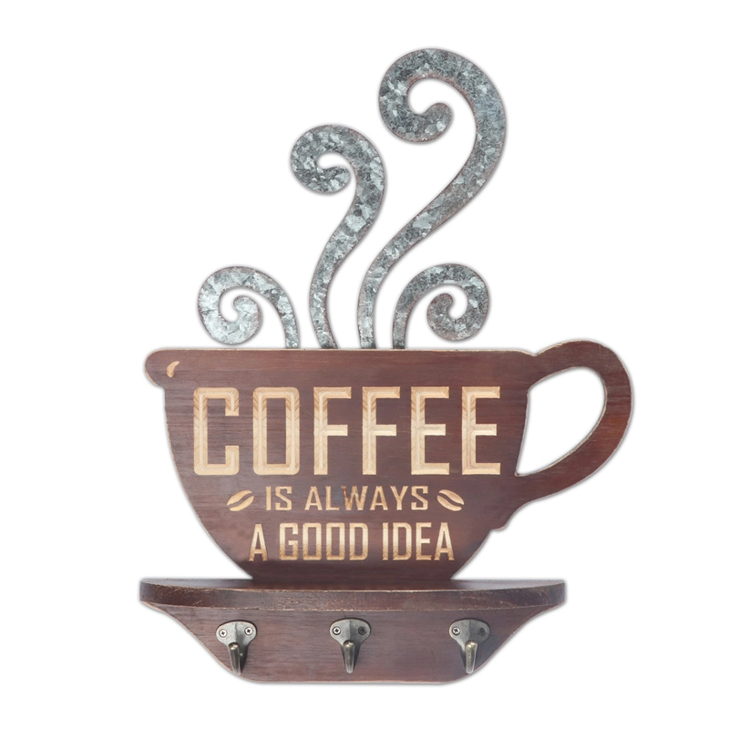 Coffee Cup Shape Wooden Wall Decor with 3 Hooks for Home Decor, Solid Wood with Galvanized Plate Wall Haning in Coffee Cup Shape Designs, Wooden Wall Plaque