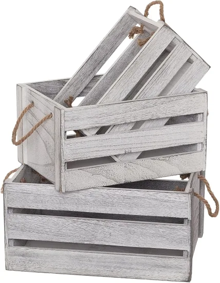 ホワイトグレーの素朴なヴィンテージ木製装飾収納ボックス オープンハンドル付き - キッチンやランドリー用の多目的木製ボックス/フルーツボウル
